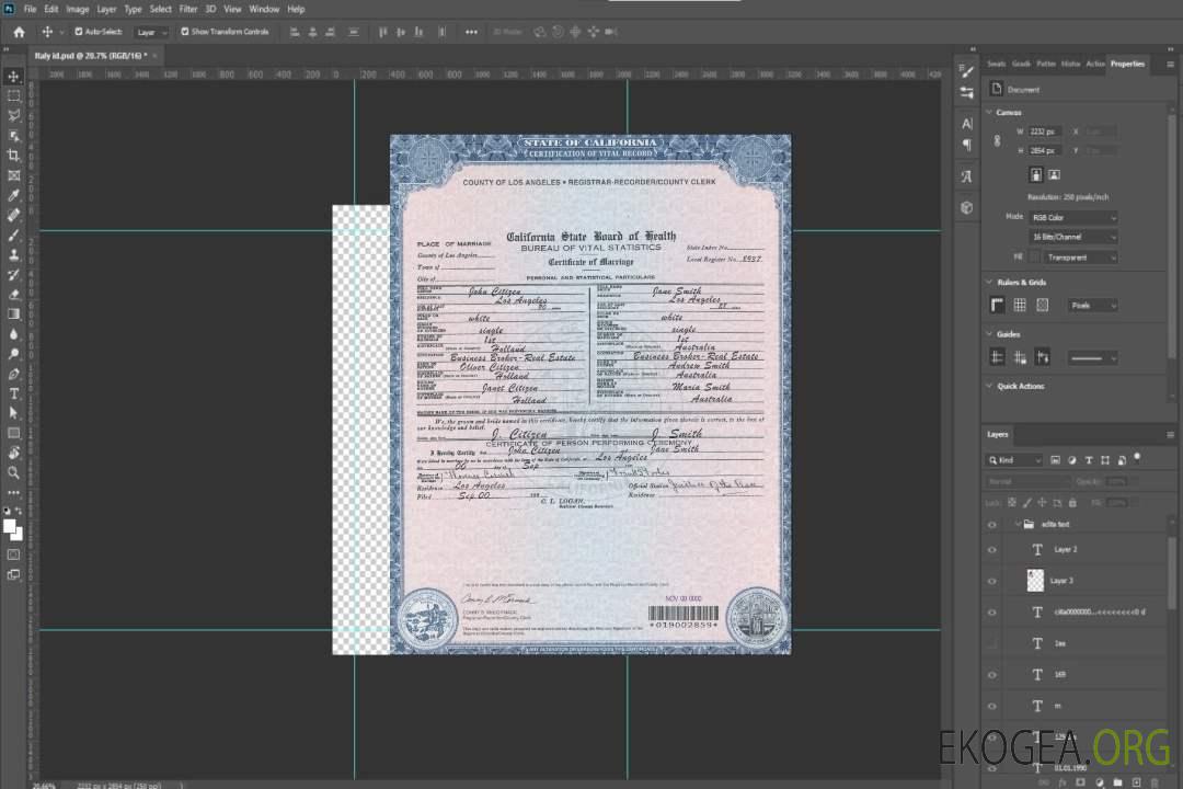 Modèle de certificat de mariage USA Californie au format PSD template